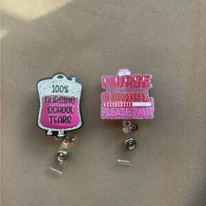 Pink Nurse Badge Reel - '100% Nursing School Tears' & 'Nurse In Progress' Duo